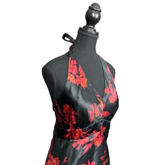 Vintage Y2K Floral Halter Cocktail Dress, Satin Asymmetrical Tiered Hem - Picture 10 of 10
